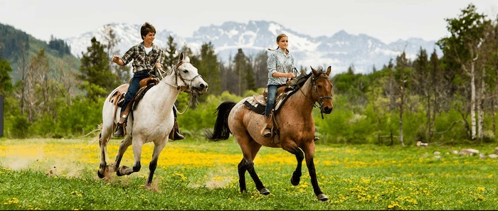 Confident plus-size woman riding Byfleet a horse through a field with a smile on her face.